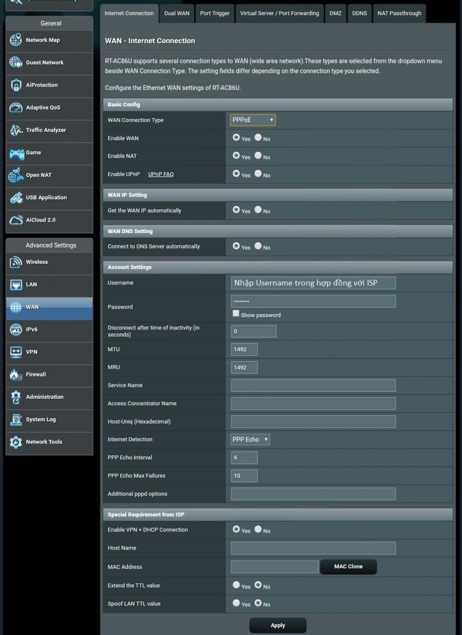 Cấu hình quay PPPoE trên router Asus - Mạch điện tử