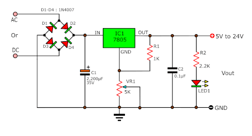 Dùng IC ổn áp 7805 làm mạch ổn áp đầu ra thay đổi được - Mạch điện tử