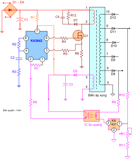 Cấu tạo và nguyên lý mạch nguồn xung dùng IC KA3842 - Mạch điện tử
